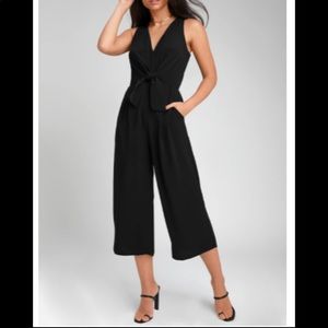 Lulus black tie-front wide-leg jumpsuit in black. 100% polyester